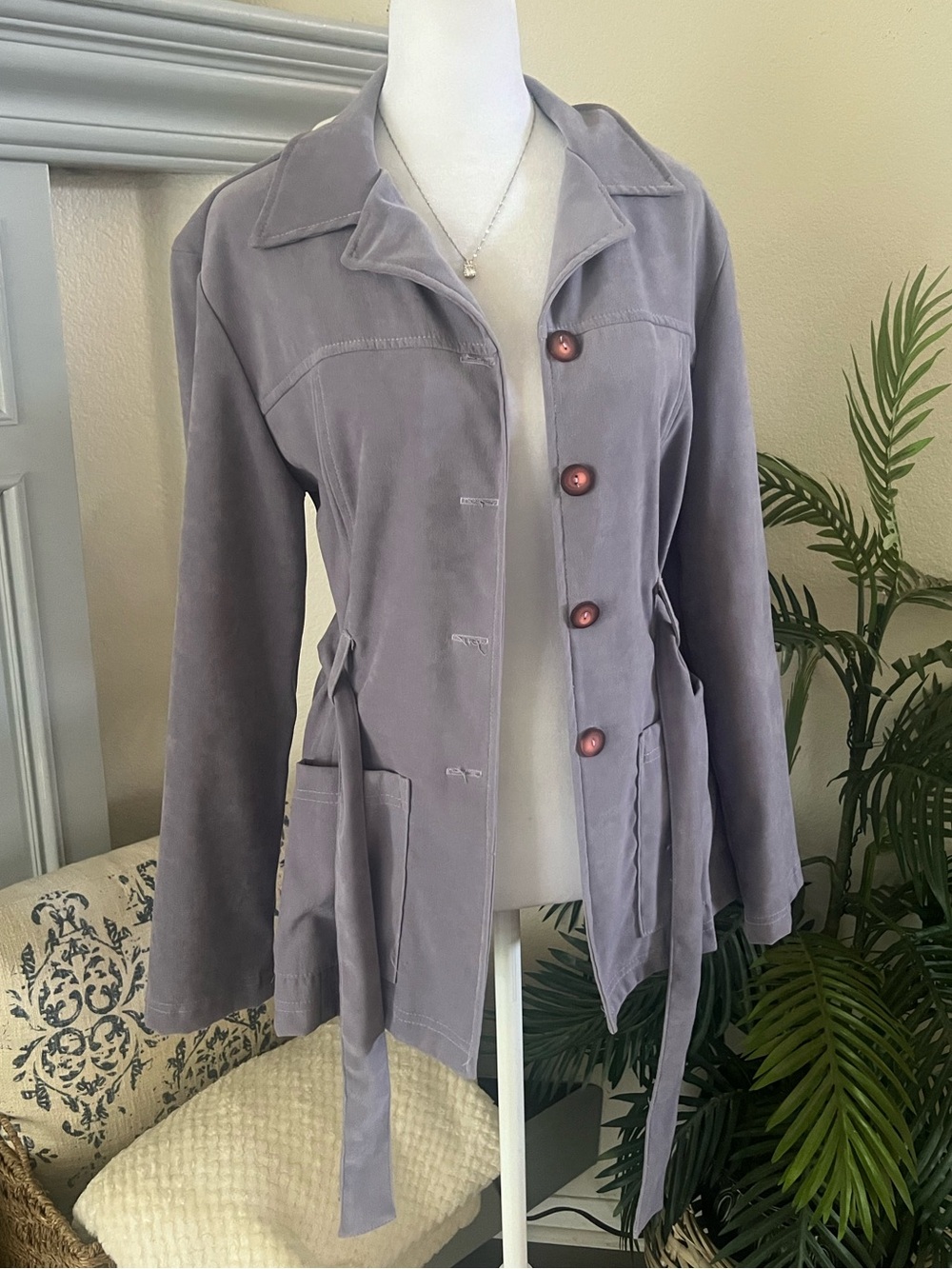 Vintage Clio Lavender Suede-Look Trench Coat with Button Front USA